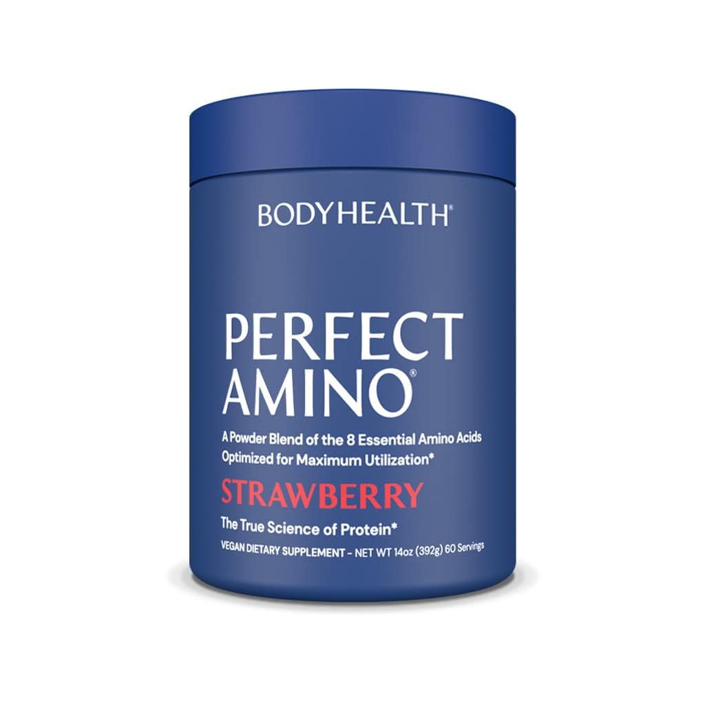 BodyHealth PerfectAmino powder bottle with scoop for pre and post workout fueling