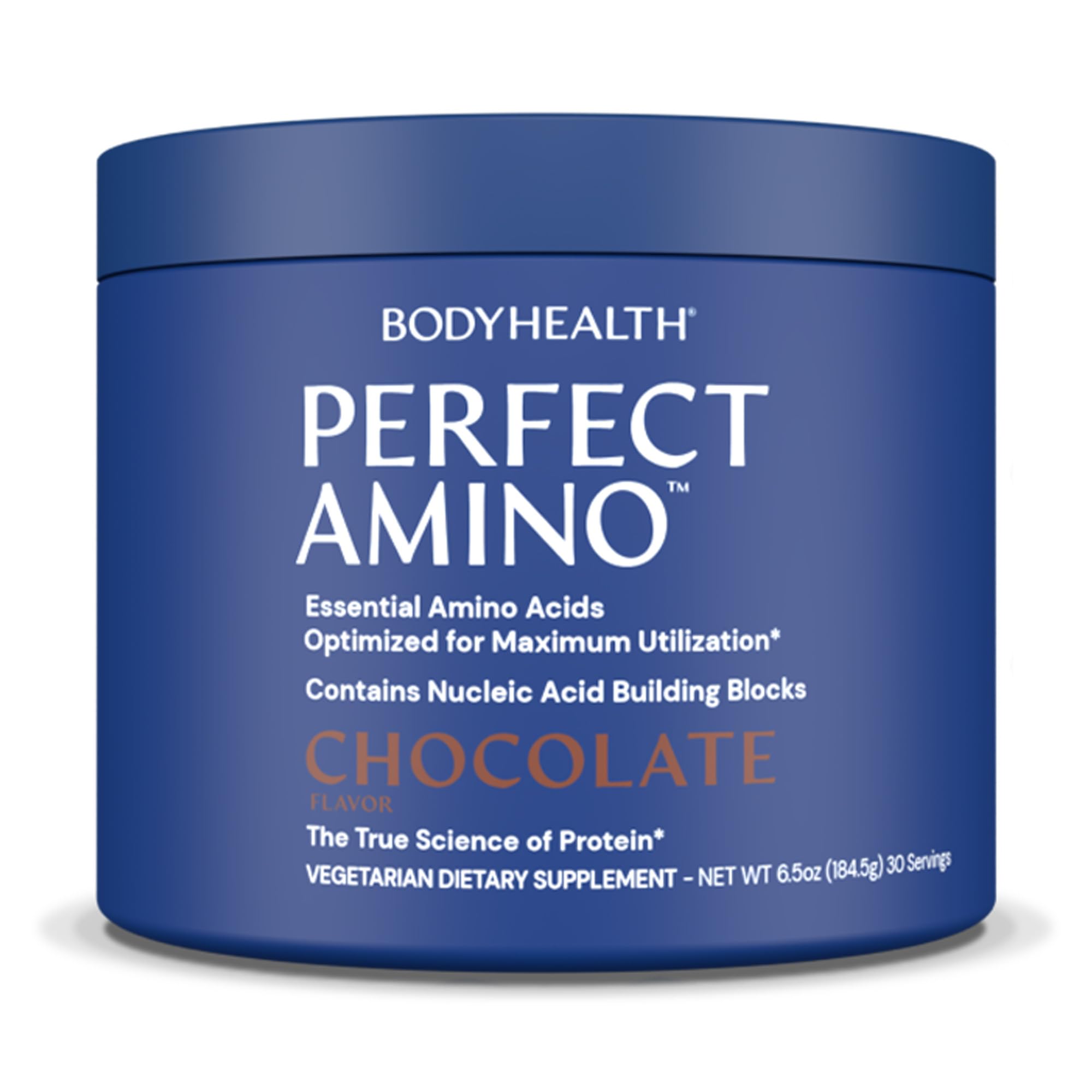 BodyHealth PerfectAmino Powder chocolate bottle highlighting lean muscle support and recovery