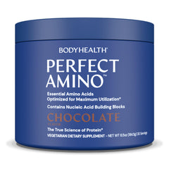 BodyHealth PerfectAmino Powder chocolate bottle highlighting lean muscle support and recovery