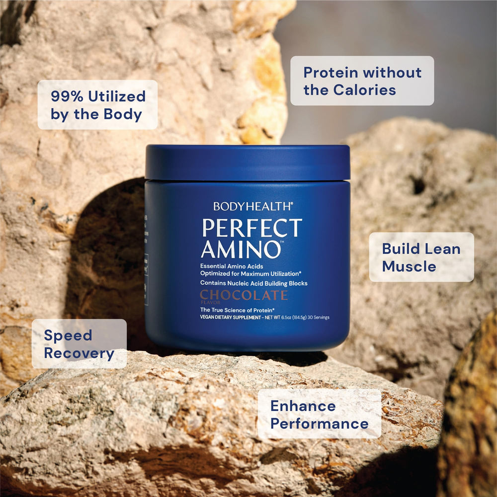 BodyHealth PerfectAmino Powder chocolate mixed drink shows a refreshing sugar free boost
