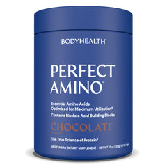 BodyHealth PerfectAmino Powder chocolate tub promotes recovery and lean muscle