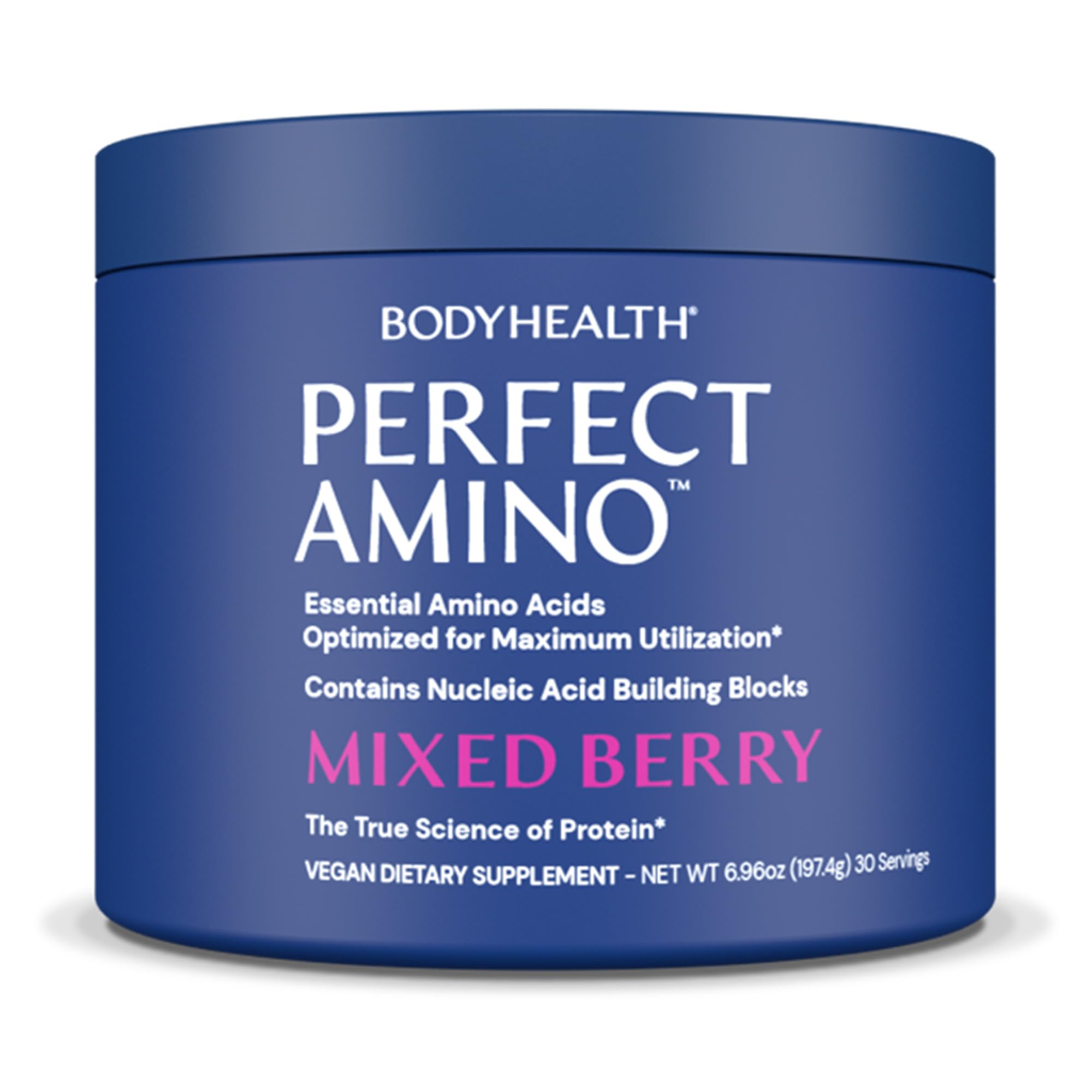 BodyHealth PerfectAmino powder container for recovery and energy.