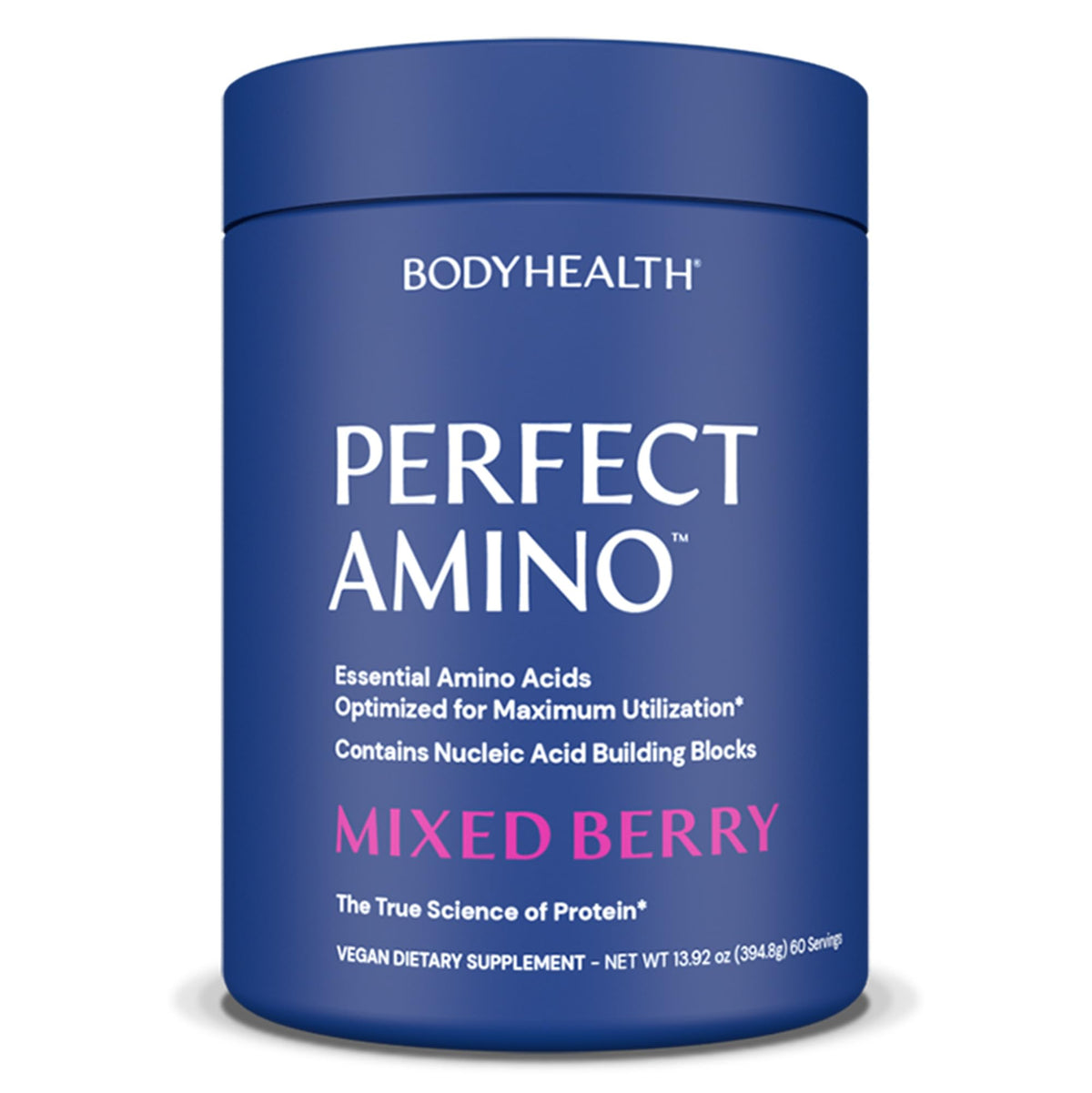 BodyHealth PerfectAmino powder bottle with mixed berry flavor for pre-workout energy
