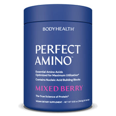 BodyHealth PerfectAmino powder bottle with mixed berry flavor for pre-workout energy