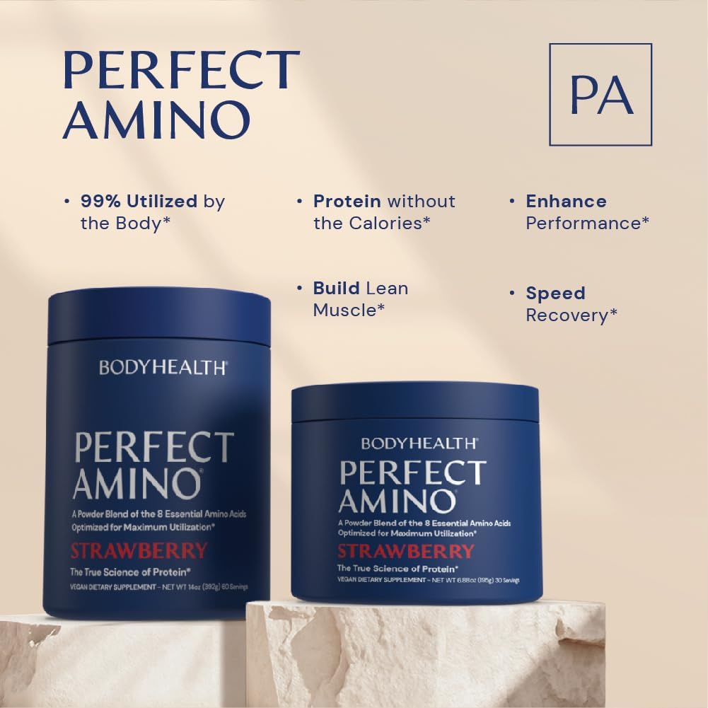 BodyHealth PerfectAmino strawberry label highlighting vegan amino acids for lean muscle