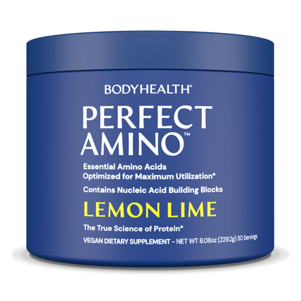 BodyHealth PerfectAmino powder tub front showing vegan essential amino acids for recovery