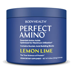 BodyHealth PerfectAmino powder tub front showing vegan essential amino acids for recovery