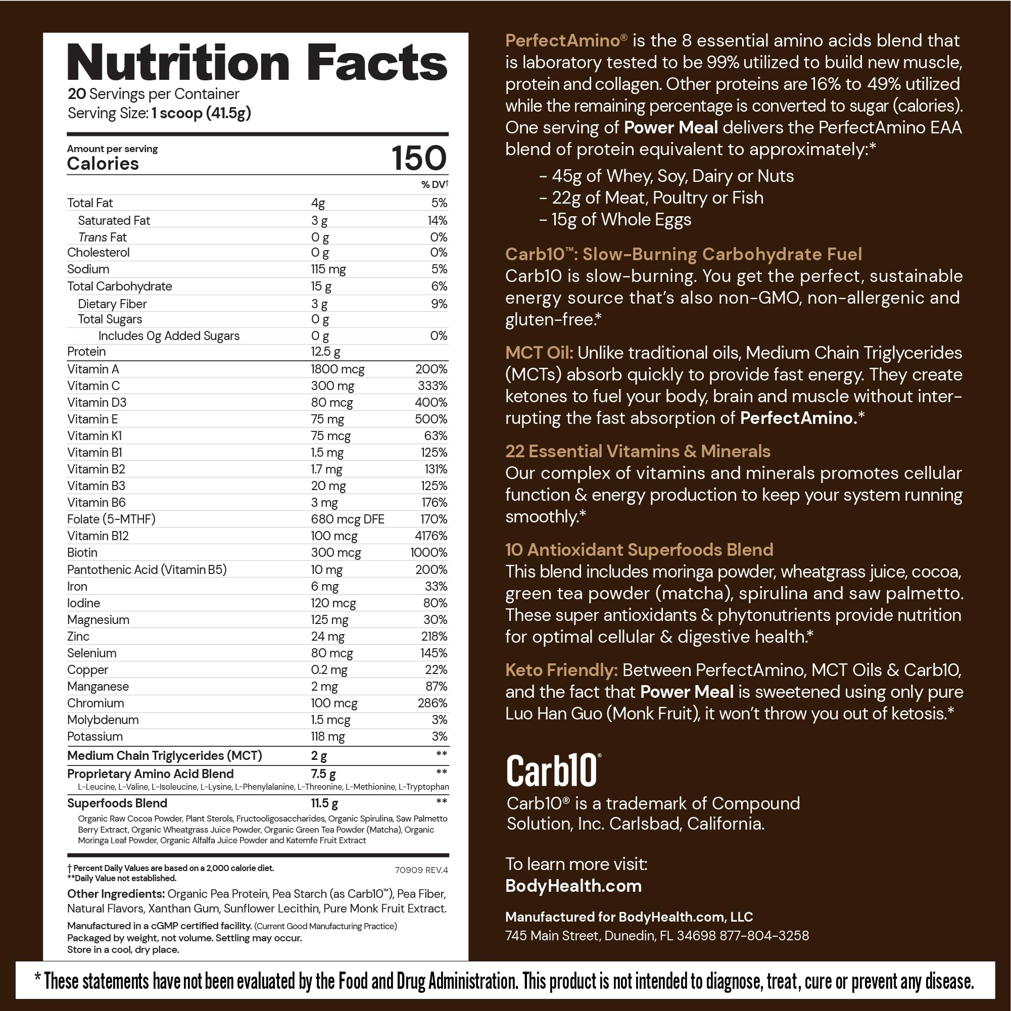 BodyHealth PerfectAmino Power Meal Shake dark chocolate blended for post-workout recovery
