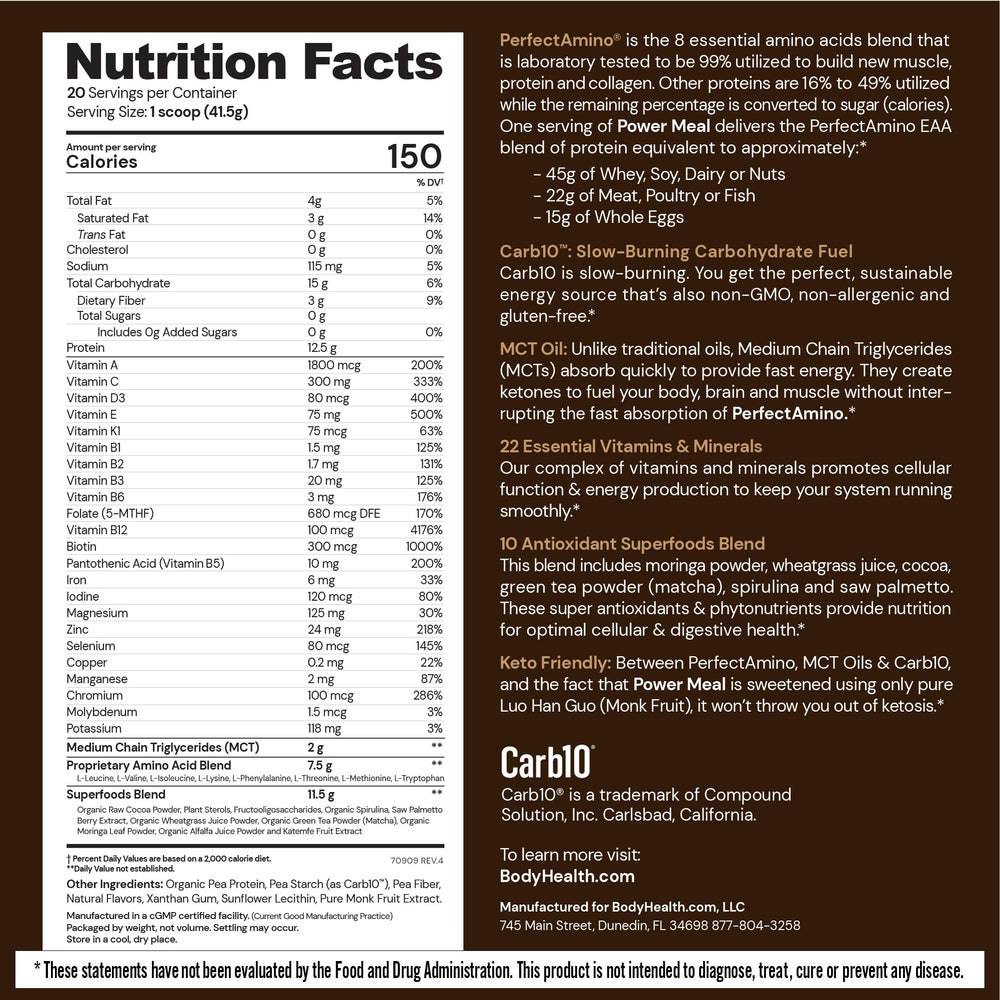 BodyHealth PerfectAmino Power Meal Shake dark chocolate blended for post-workout recovery
