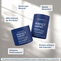BodyHealth PerfectAmino scoop beside a water bottle shows precise serving.