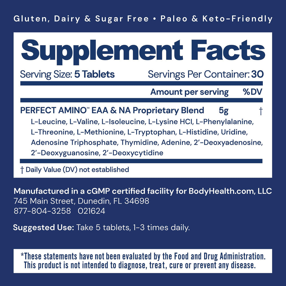 BodyHealth PerfectAmino packaging closeup showing vegan and keto friendly formula