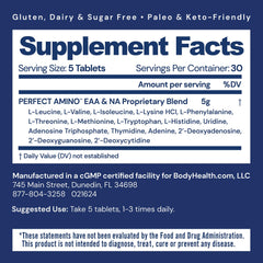 BodyHealth PerfectAmino packaging closeup showing vegan and keto friendly formula
