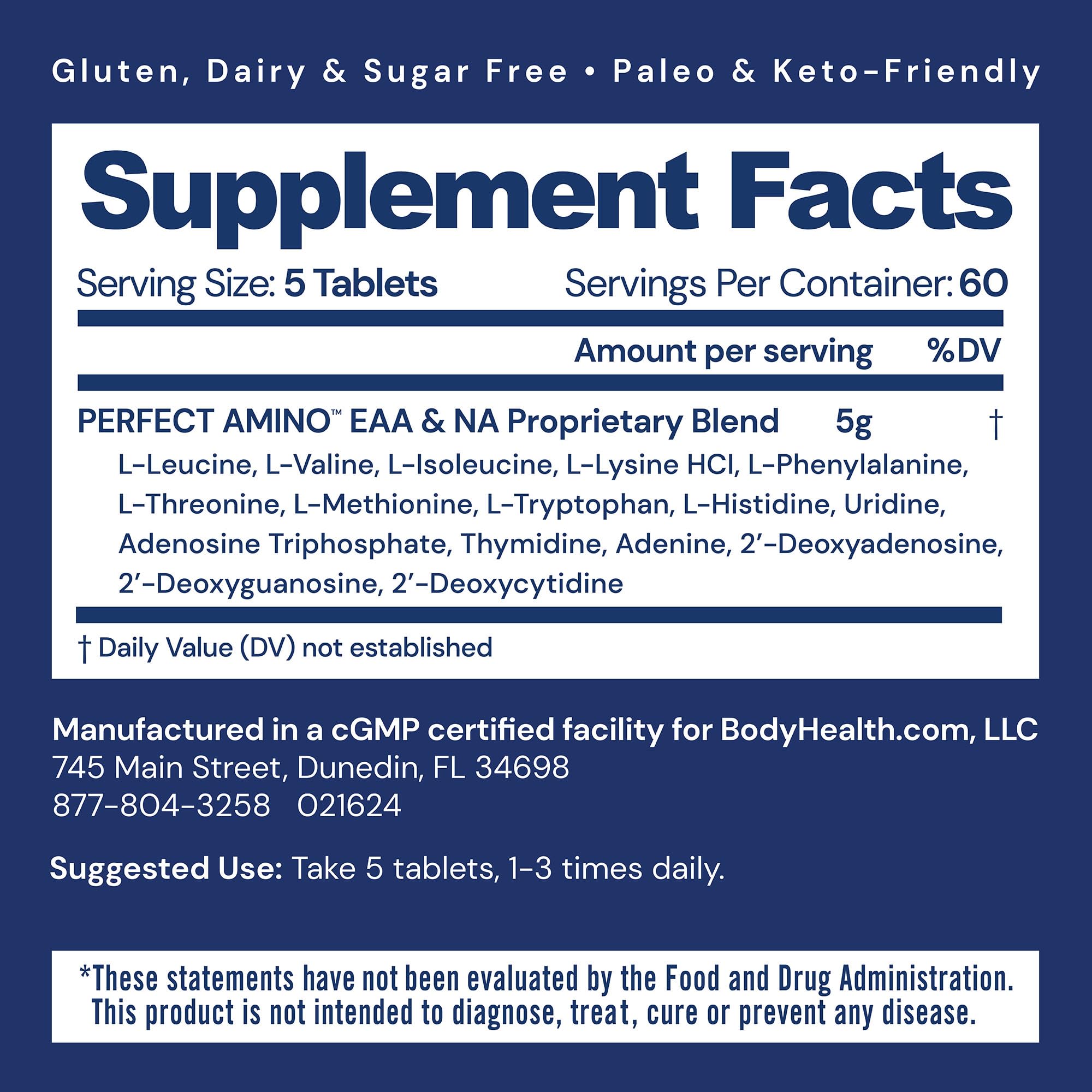 BodyHealth PerfectAmino tablets close-up highlighting high-purity EAAs for muscle support