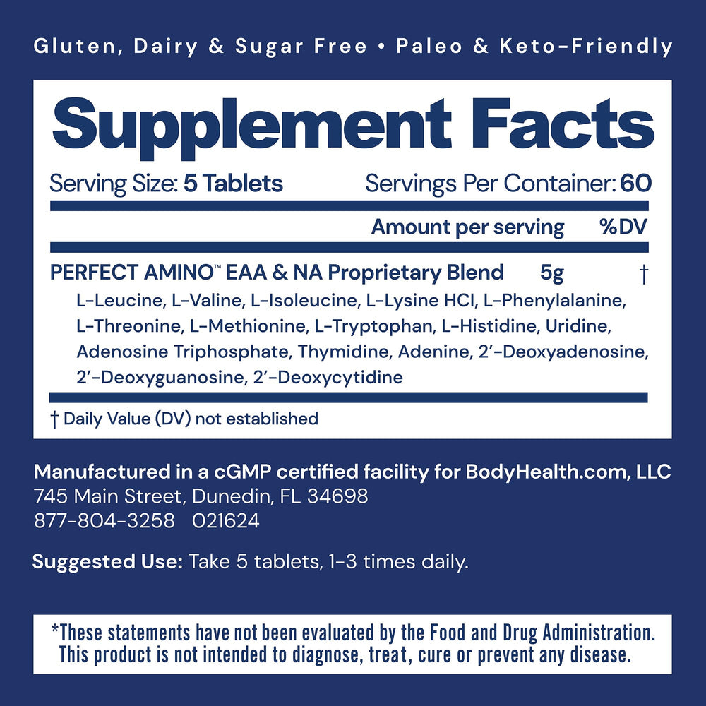 BodyHealth PerfectAmino tablets close-up highlighting high-purity EAAs for muscle support