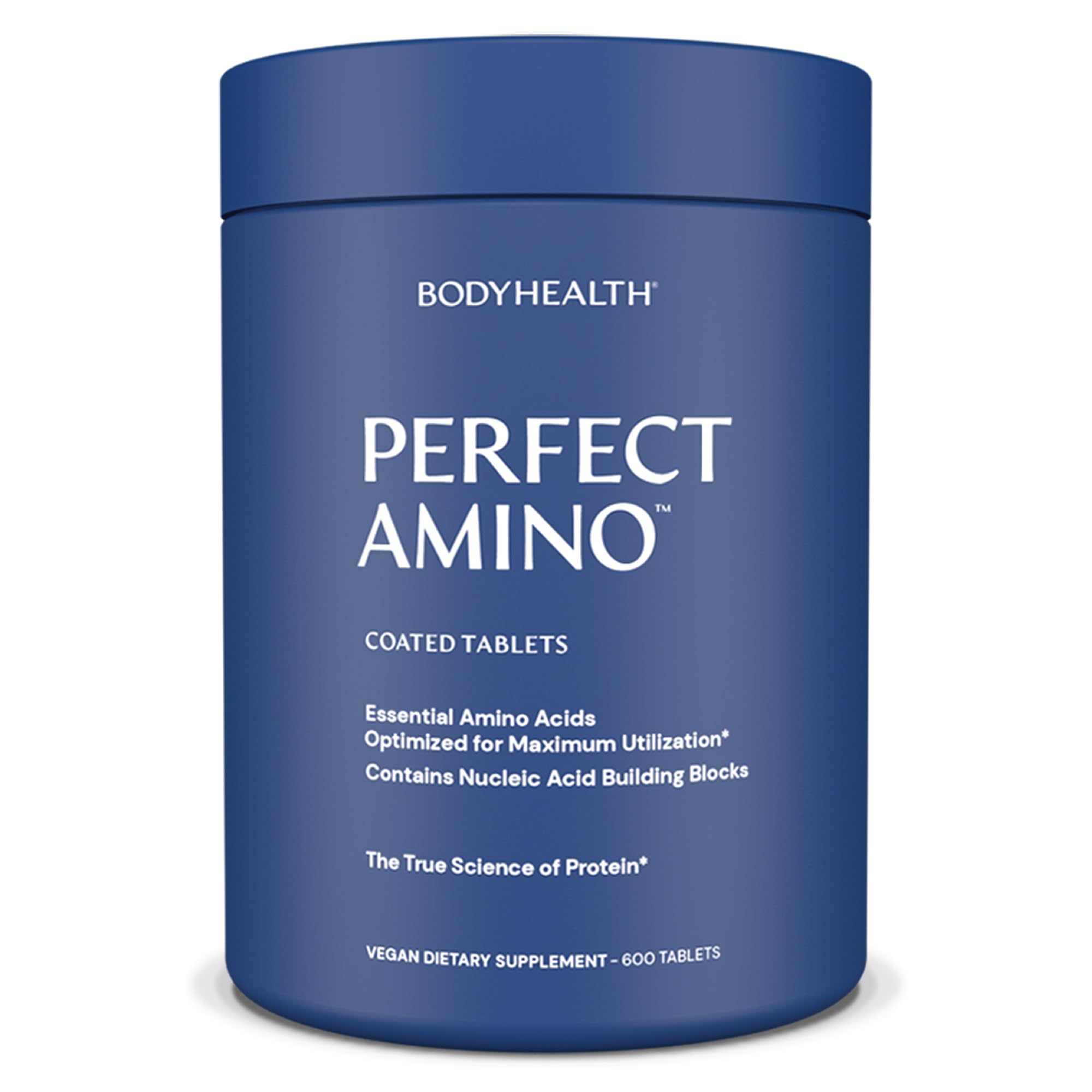 BodyHealth PerfectAmino tablets closeup showing easy to swallow vegan capsules for lean muscle support
