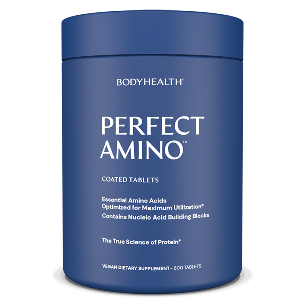 BodyHealth PerfectAmino tablets closeup showing easy to swallow vegan capsules for lean muscle support