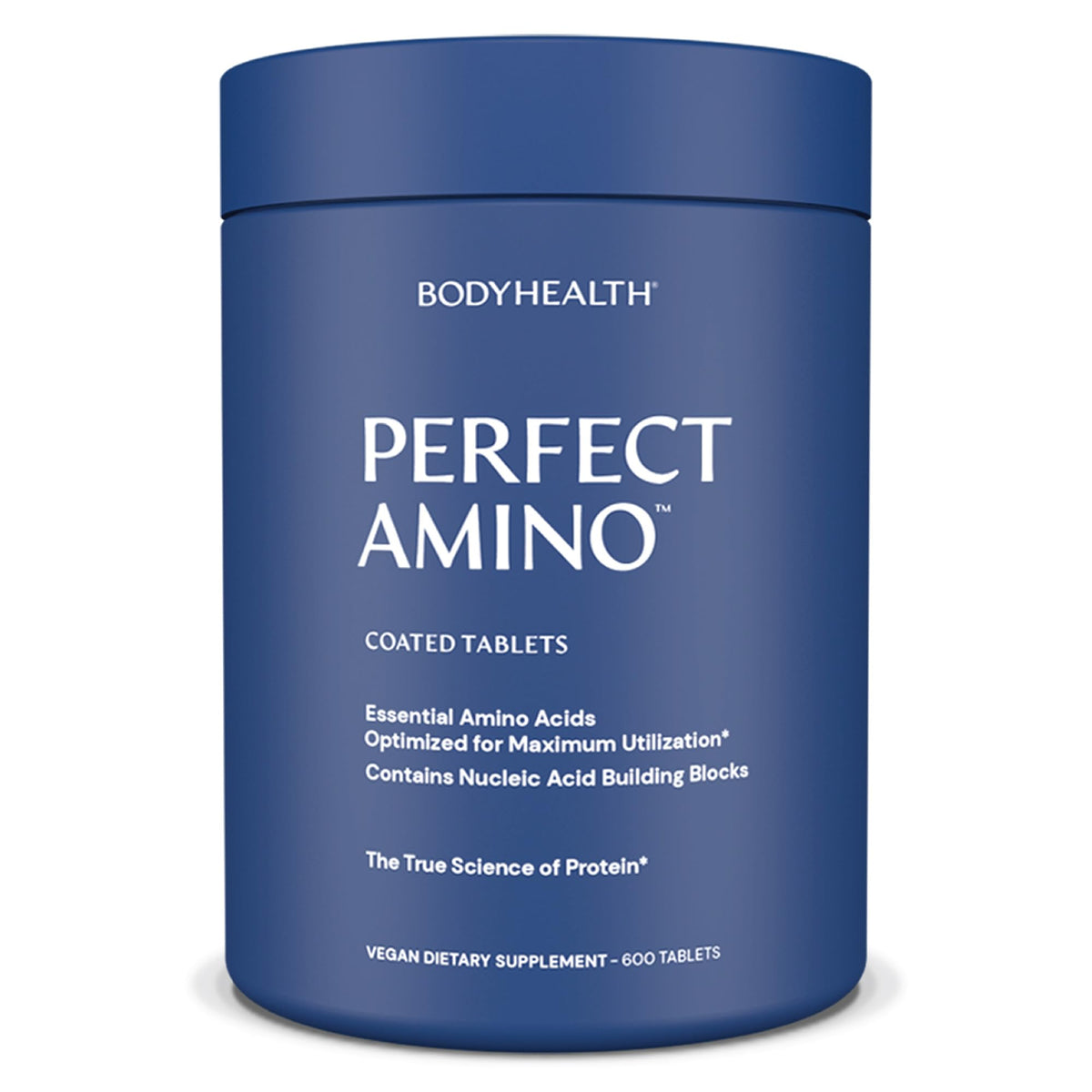 BodyHealth PerfectAmino tablets closeup showing easy to swallow vegan capsules for lean muscle support