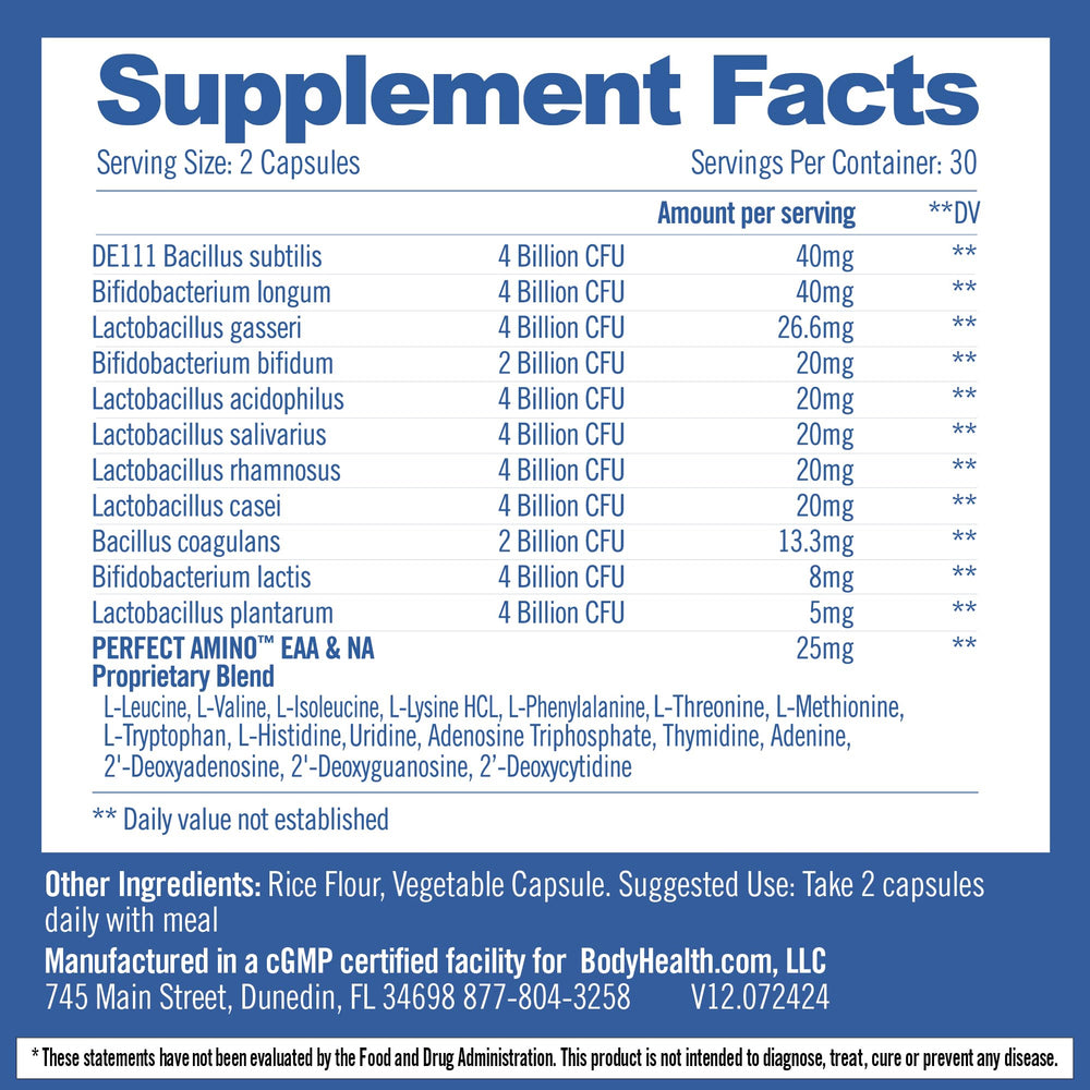 Close-up of BodyHealth Probiotic PerfectAmino capsules ready for daily use