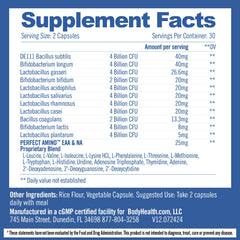 Close-up of BodyHealth Probiotic PerfectAmino capsules ready for daily use