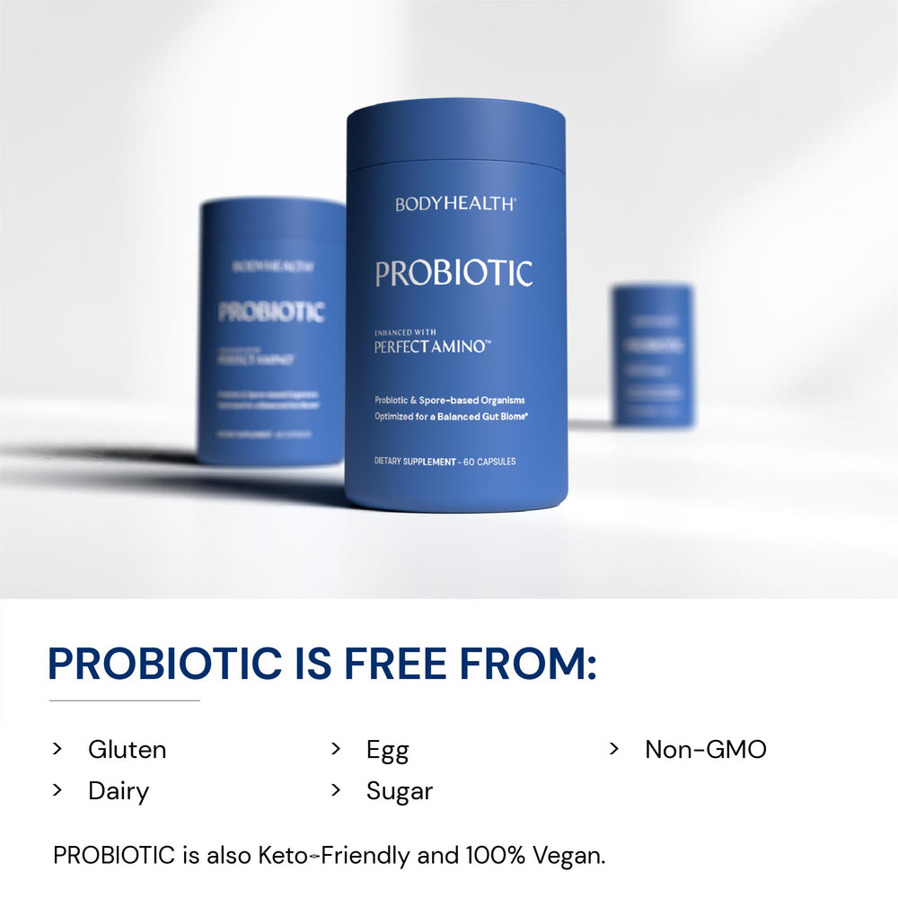 Dual-spore capsules from BodyHealth Probiotic PerfectAmino support lower GI transit