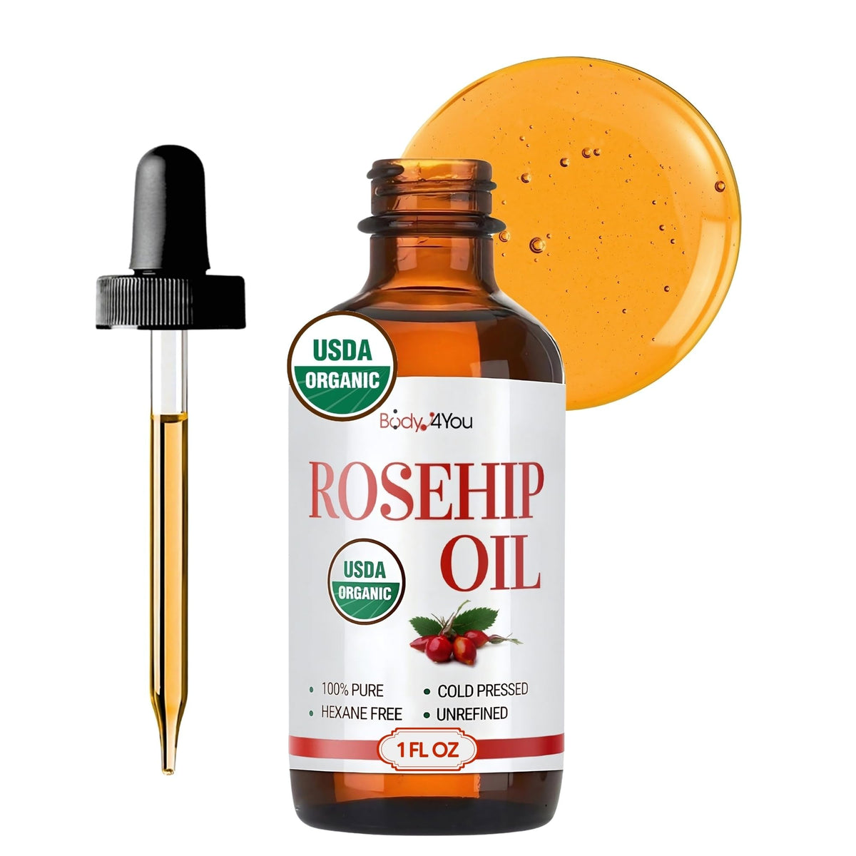 BodyJ4You rosehip oil bottle in amber glass for deep skin hydration