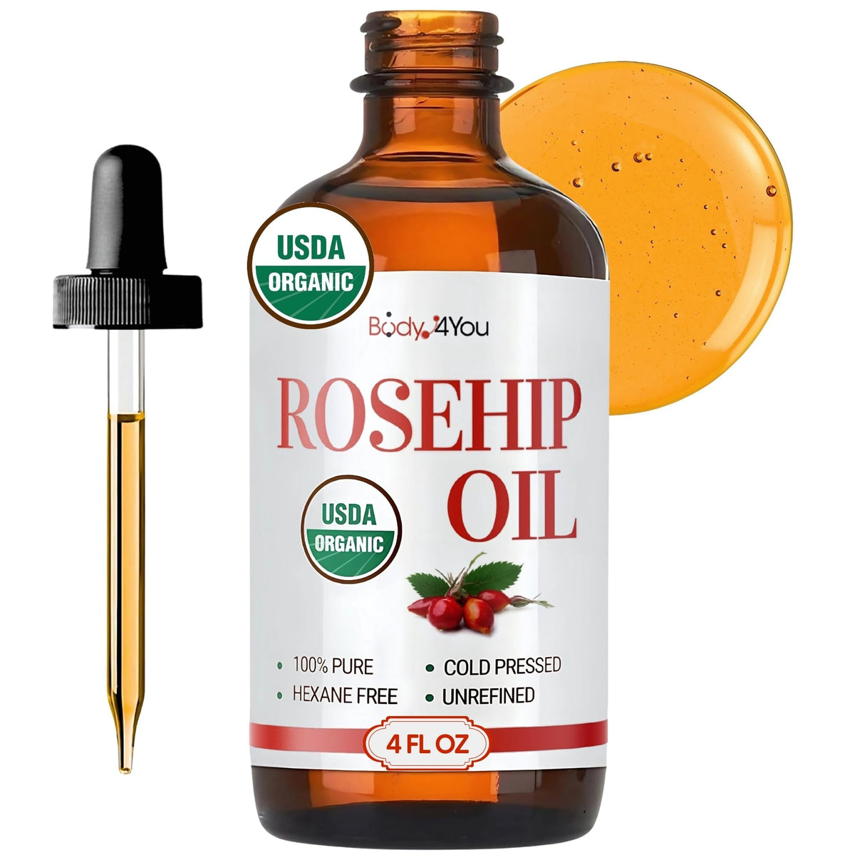 BodyJ4You Rosehip Oil bottle front for skin hydration and glow.