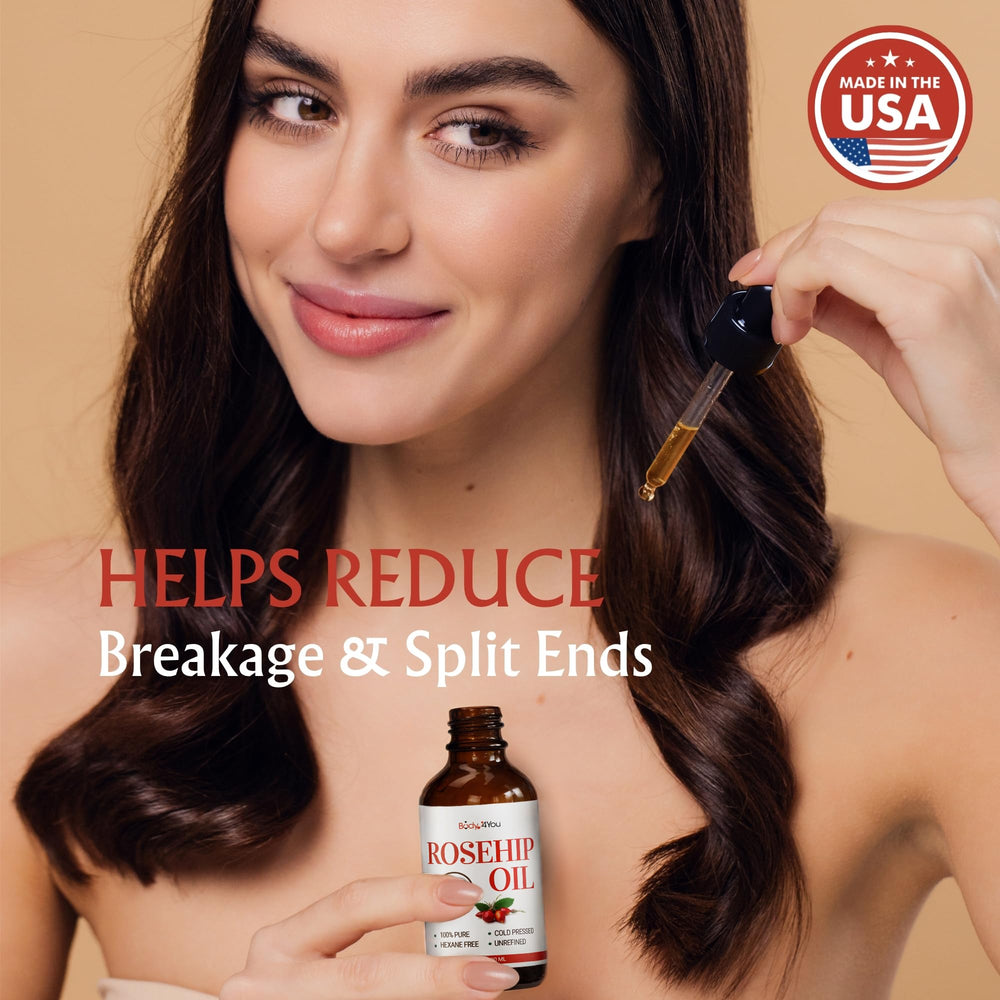 BodyJ4You Rosehip Oil used as hair treatment for shine.