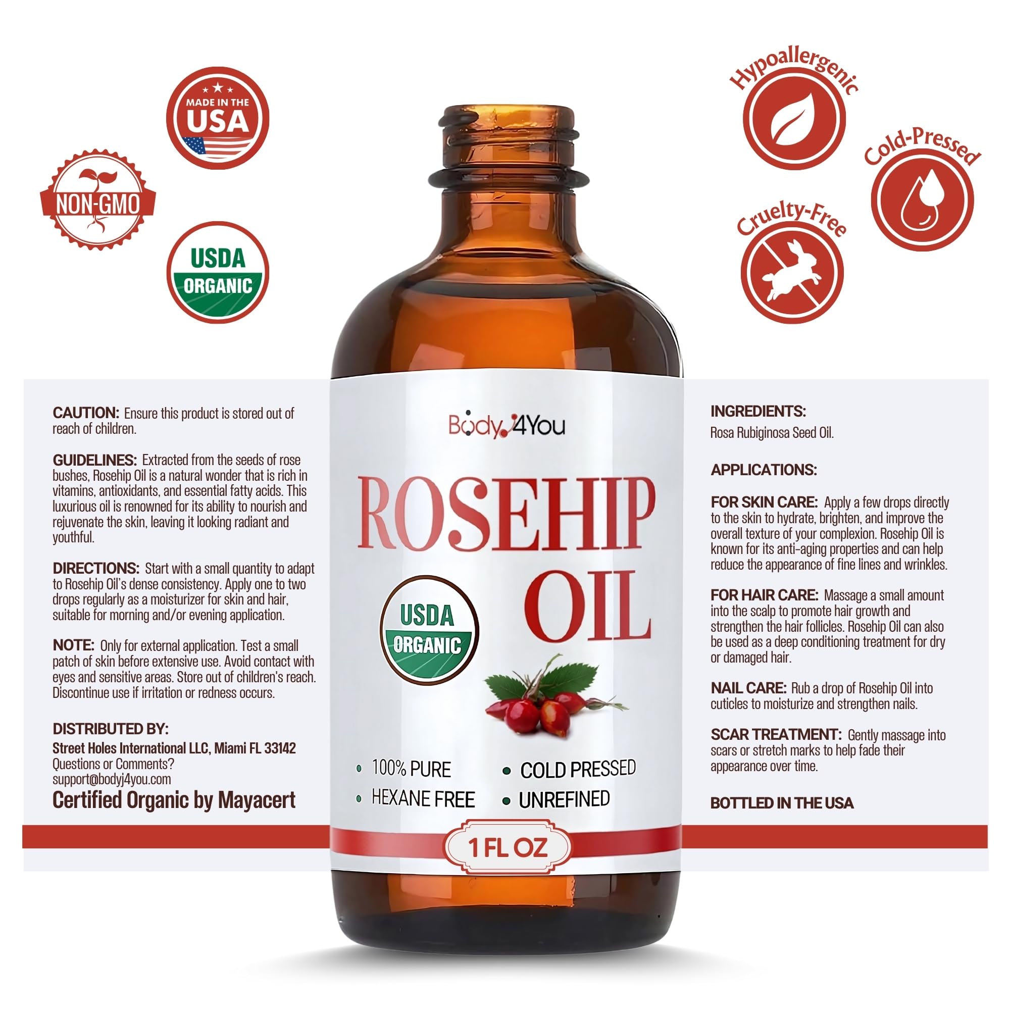 BodyJ4You rosehip oil bottle made in the USA for freshness