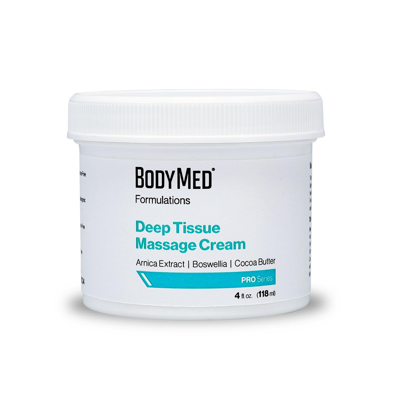 BodyMed Deep Tissue Massage Cream packaging highlights fragrance-free, all-natural formula for soothing sessions.