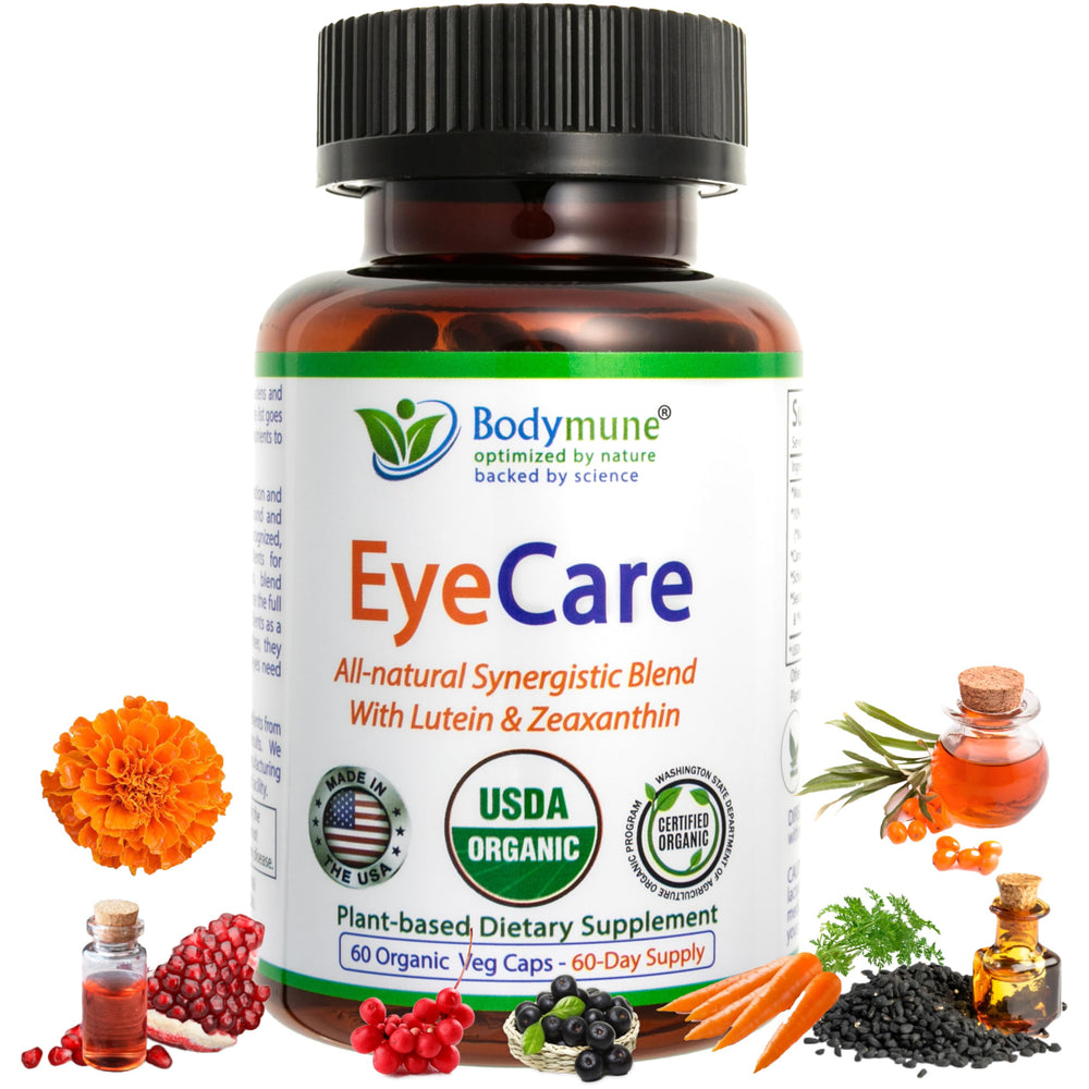 Bodymune Advanced EyeCare bottle front showing organic certification and safety