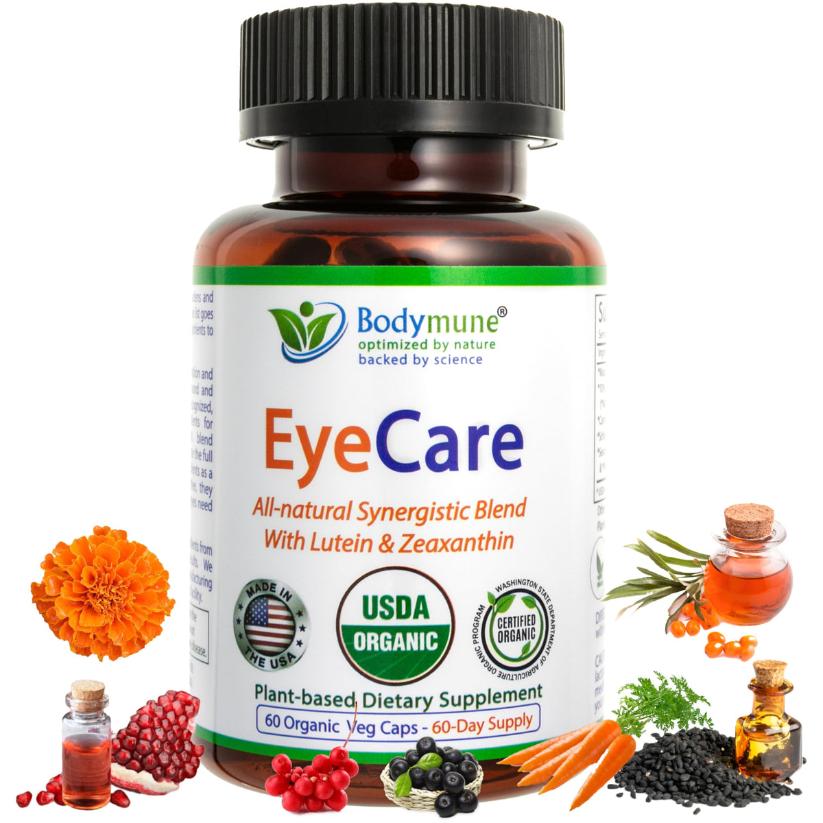 Bodymune Advanced EyeCare bottle front showing organic certification and safety