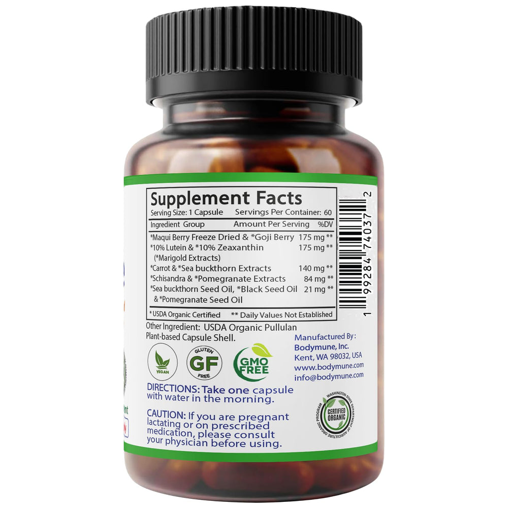 Bodymune Advanced EyeCare organic ingredients mix featuring maqui, goji and sea buckthorn