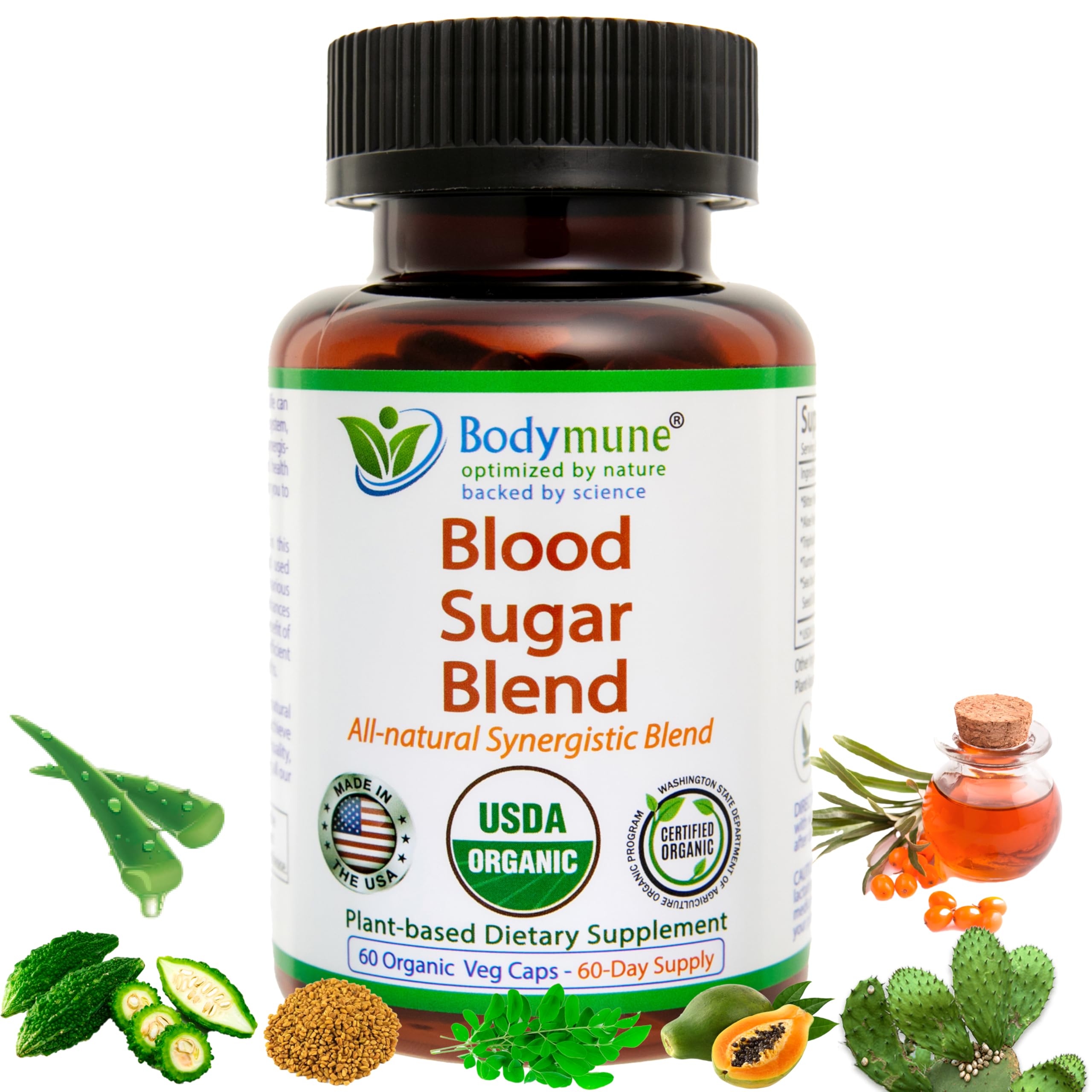 Bodymune Blood Sugar Blend bottle label showing organic formulation for daily wellness support