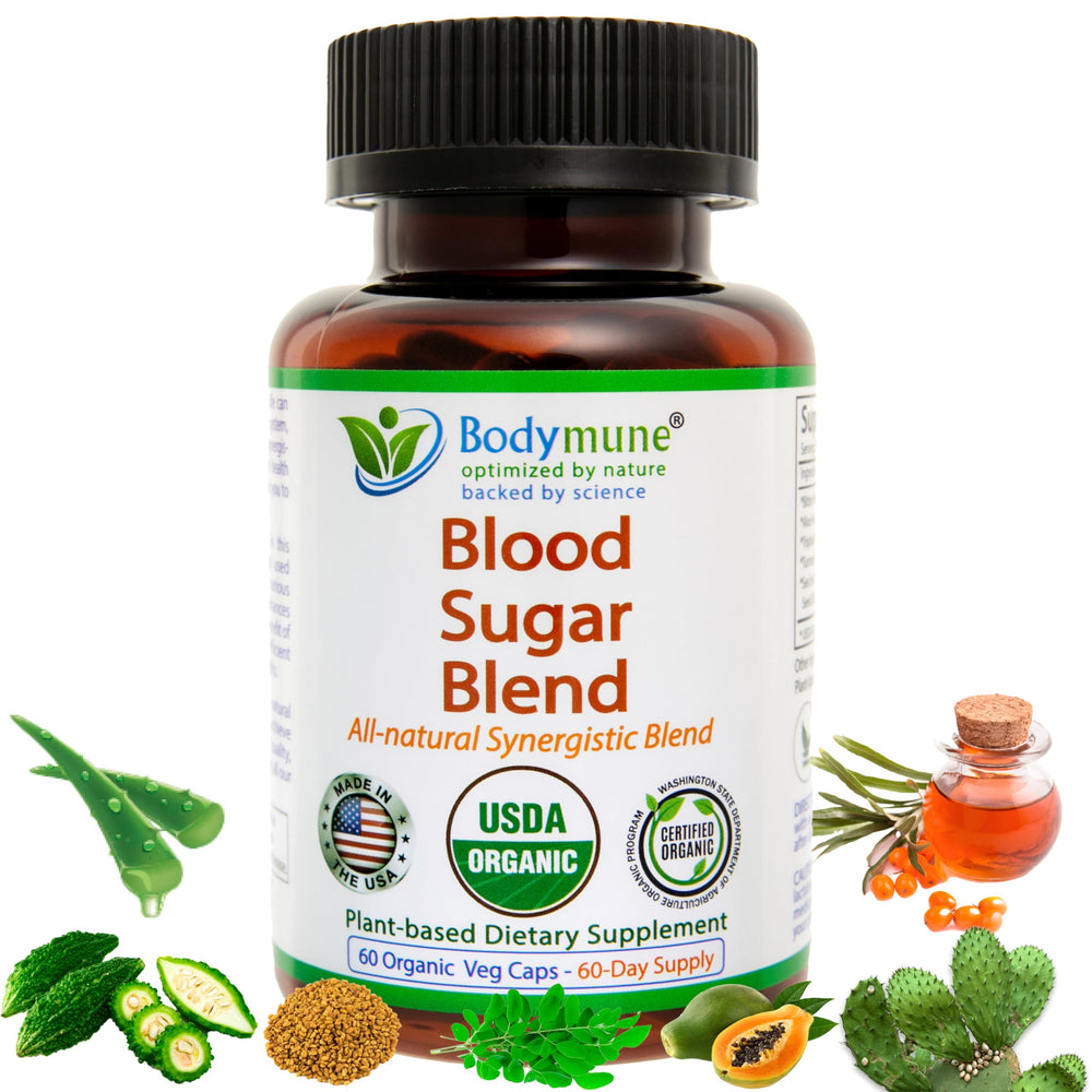 Bodymune Blood Sugar Blend bottle label showing organic formulation for daily wellness support
