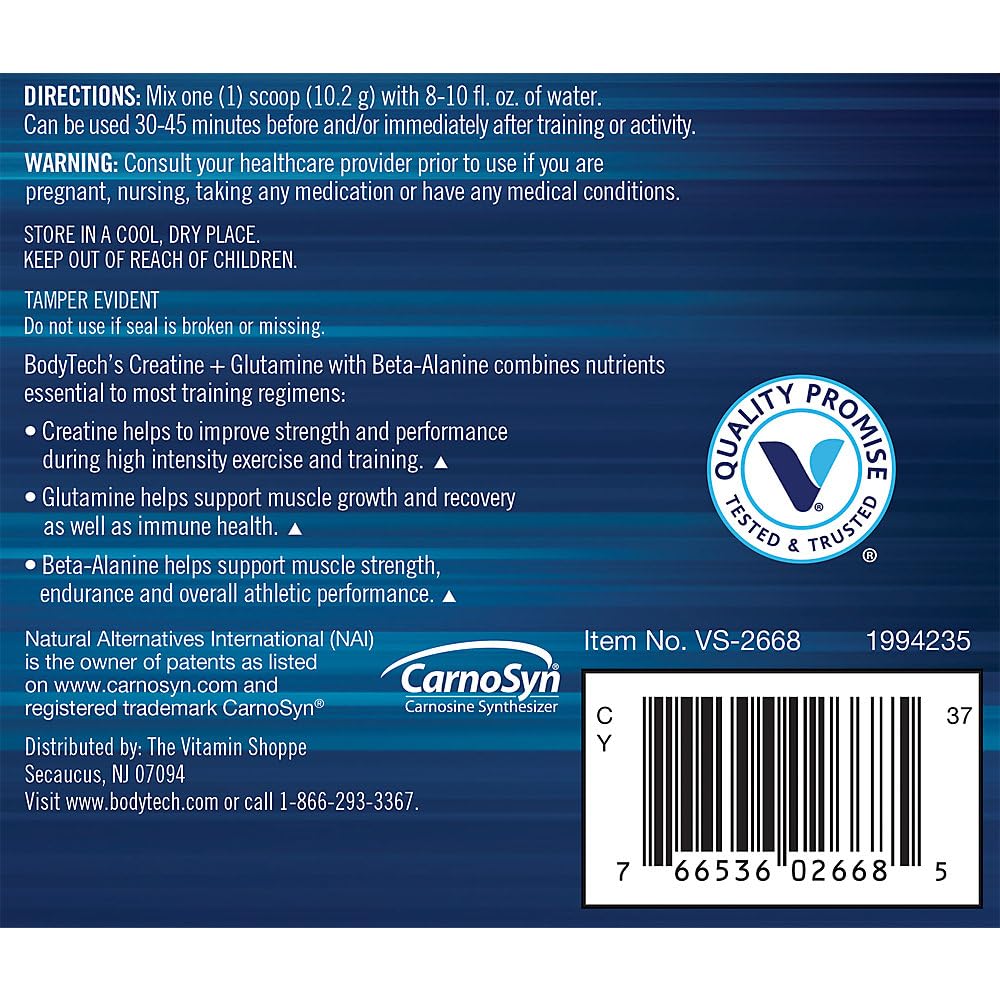 BodyTech Creatine Glutamine Beta-Alanine label close-up shows purity and potency