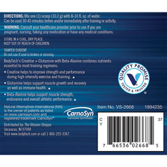 BodyTech Creatine Glutamine Beta-Alanine label close-up shows purity and potency