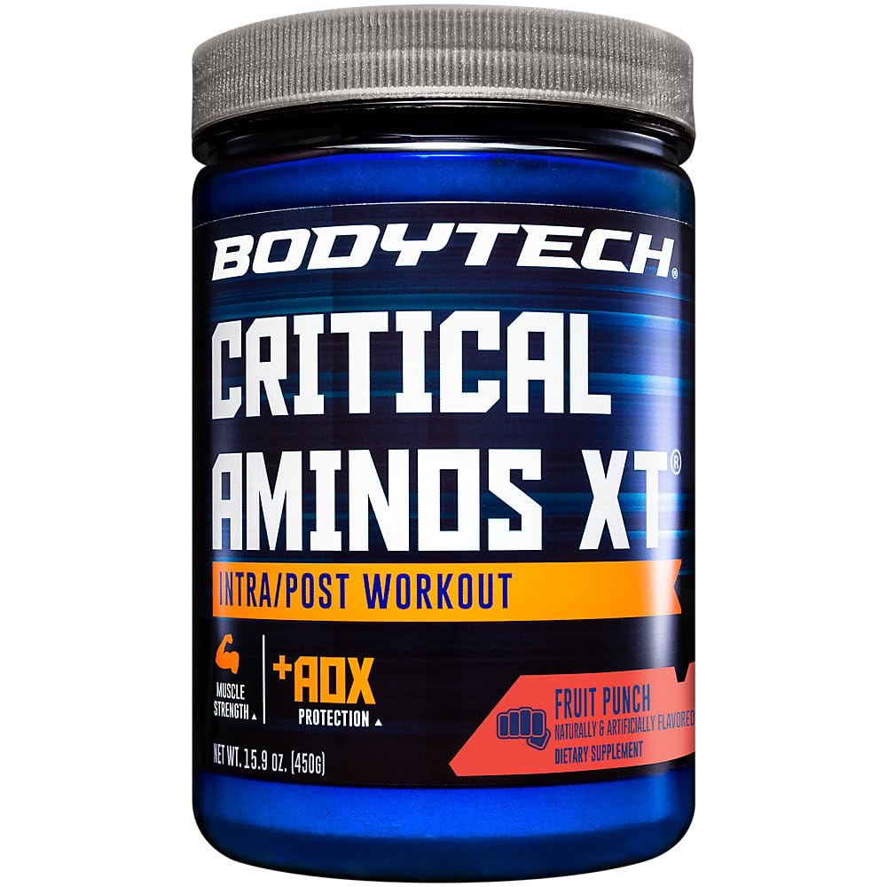 BodyTech Critical Aminos XT bottle front with fruit punch flavor for workouts