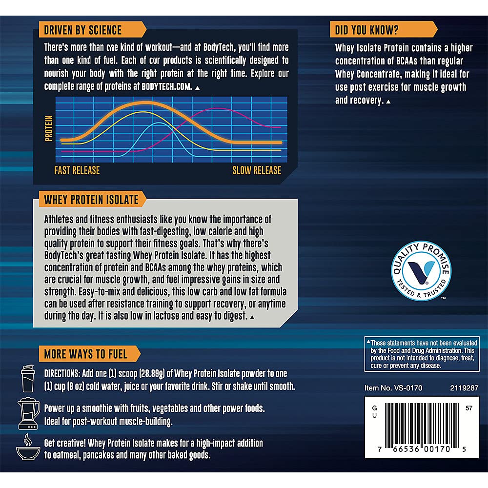 BodyTech whey protein isolate vanilla label highlights high protein, low carb formula