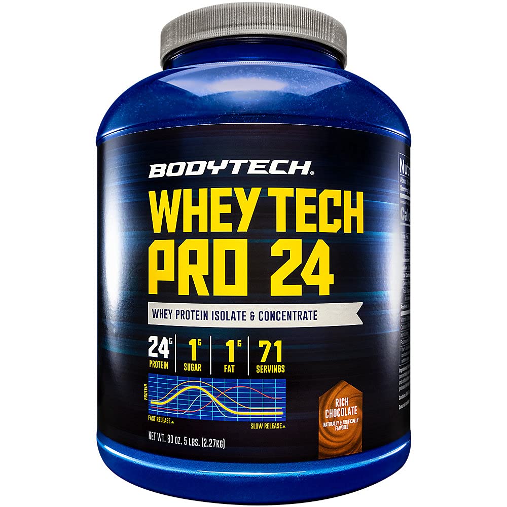 BodyTech Whey Tech Pro 24 protein tub for lean muscle support and recovery.