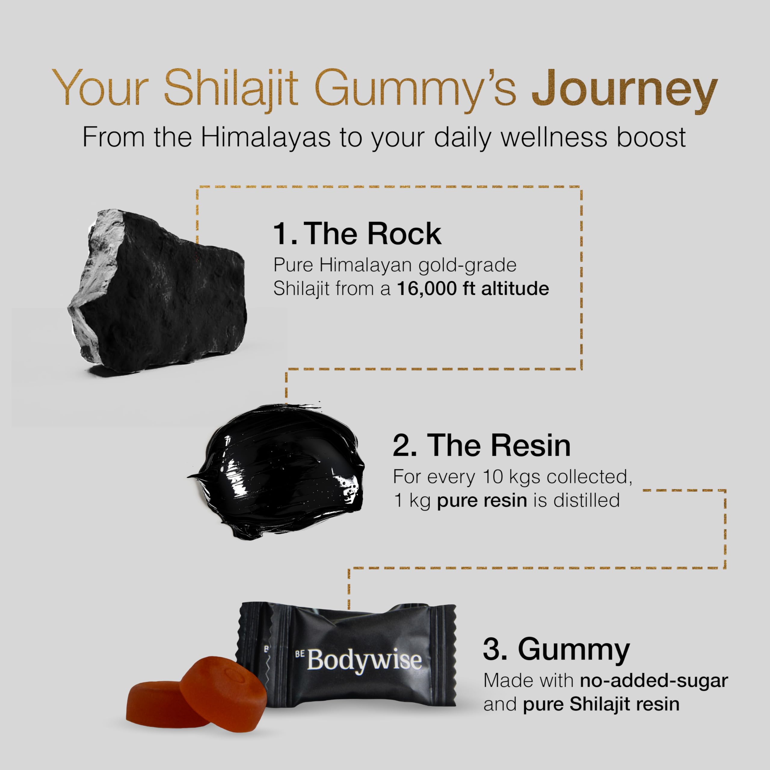 Bodywise Shilajit gummies close-up highlighting natural ingredients.
