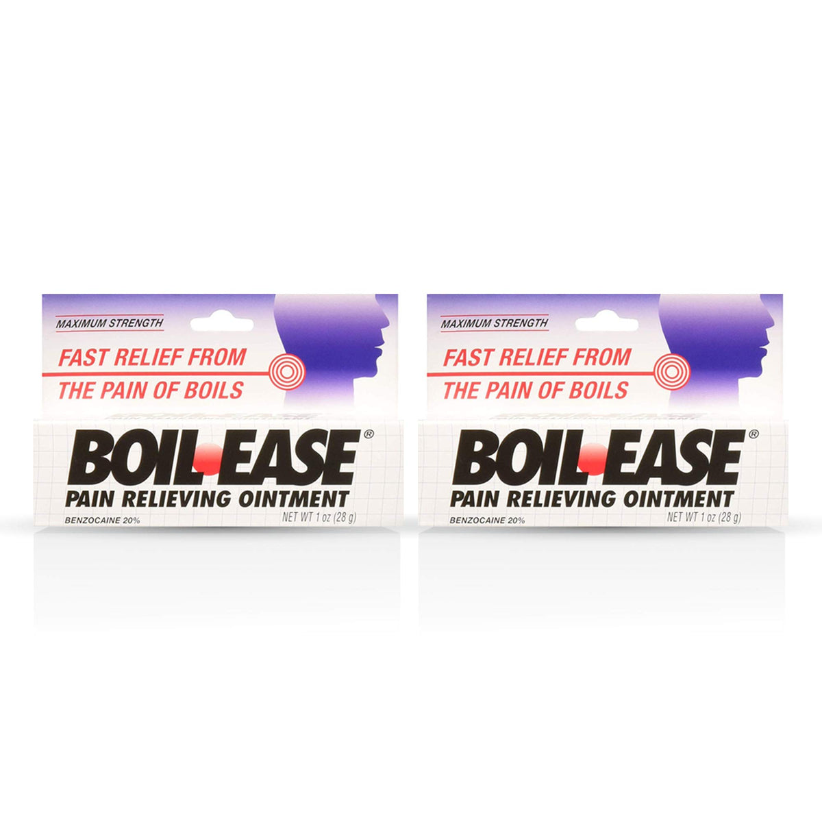 Boil-Ease pain-relieving ointment tube, front view, portable relief on the go