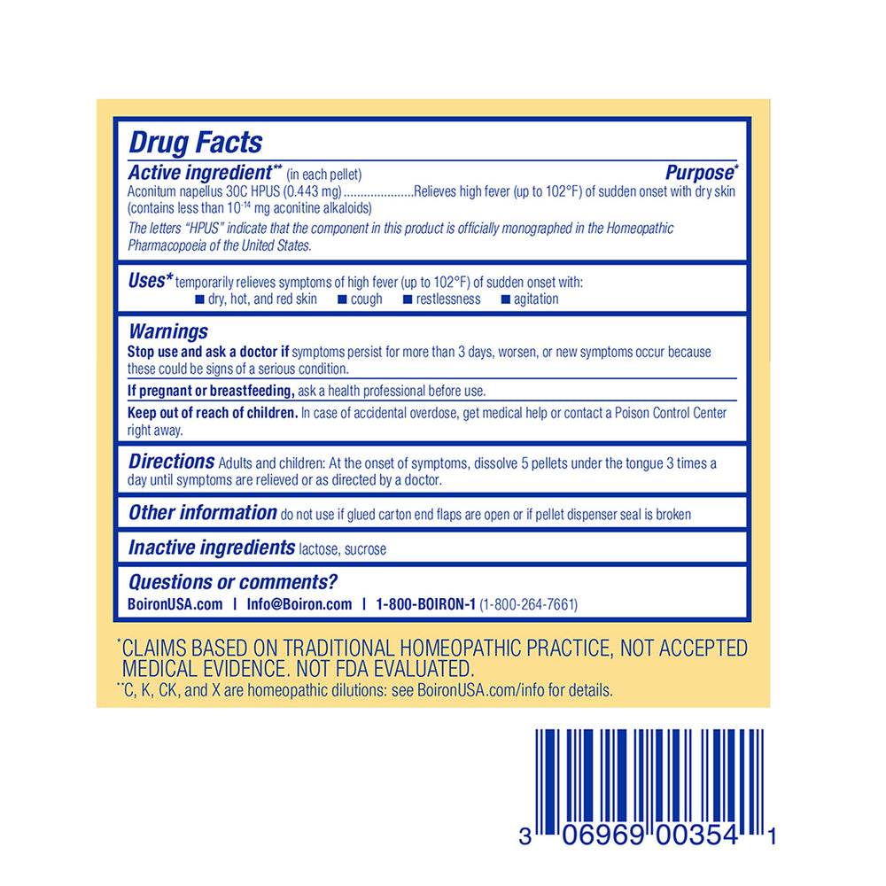 Boiron Aconitum napellus 30C outer packaging signals OTC availability.