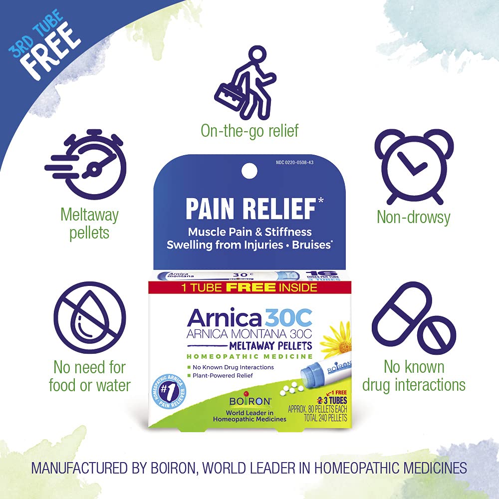 Boiron Arnica Montana 30C pellets ease muscle stiffness after minor injuries