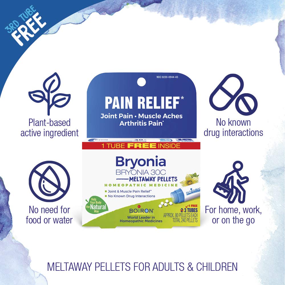 Bryonia 30C pellets dissolving under tongue for quick dosing.