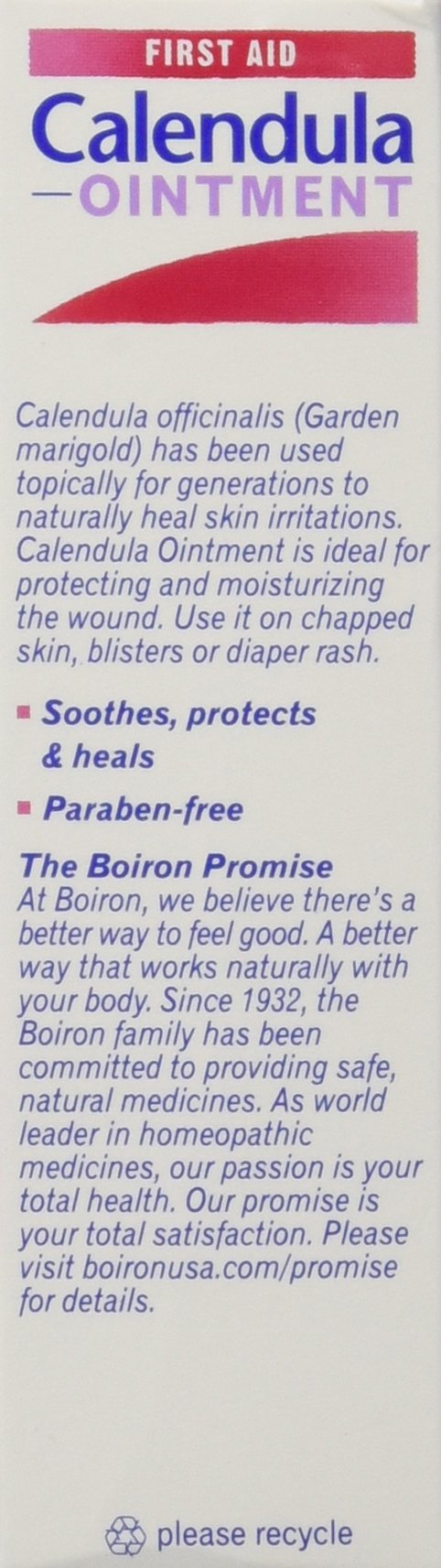 Close up of Boiron Calendula Ointment label highlighting clean, fragrance free formula