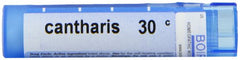 Compact Boiron Cantharis 30C packaging box for travel blister relief