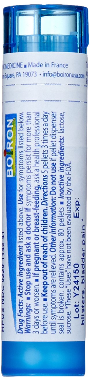 Close-up of Boiron Cantharis 30C pellets ready to dissolve