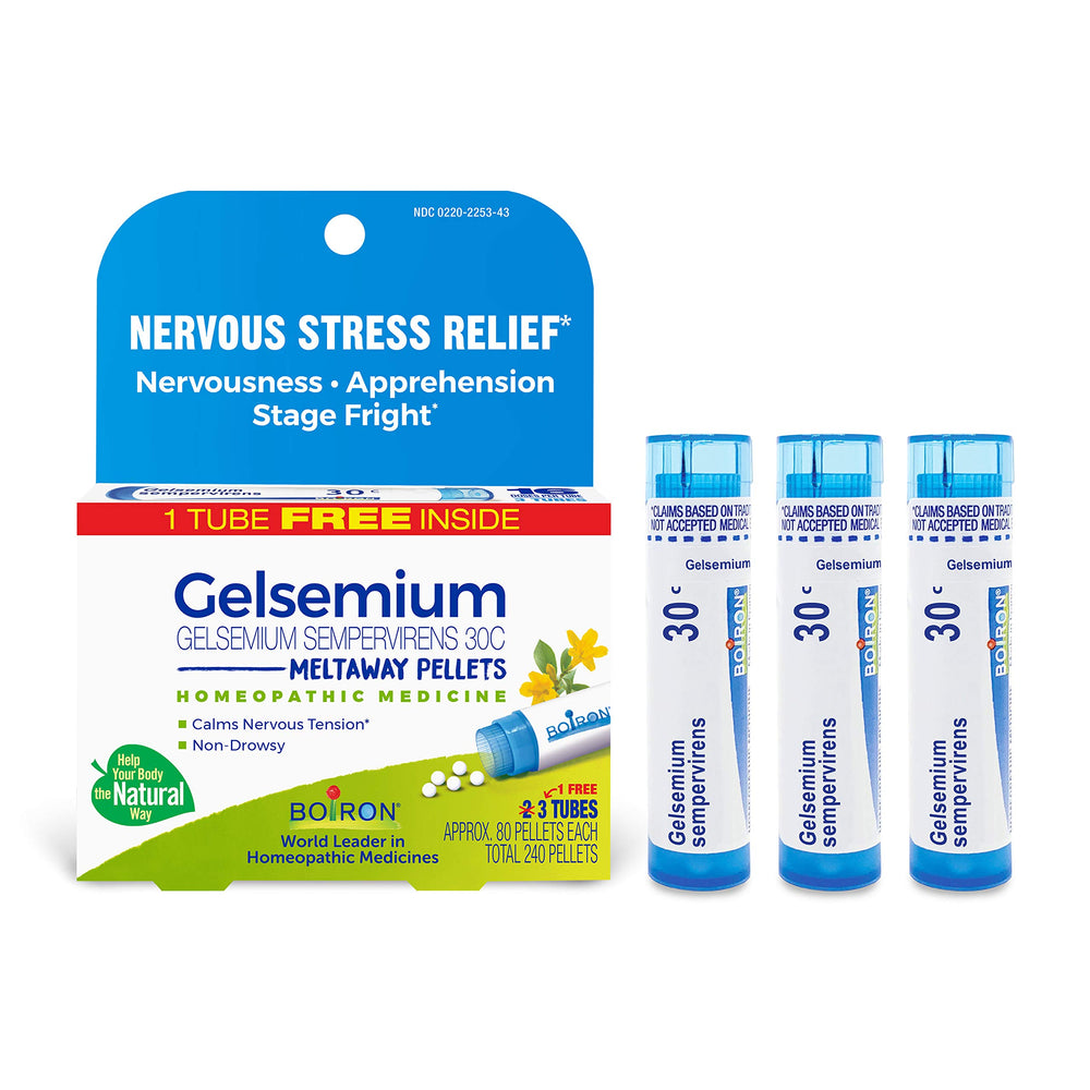Boiron Gelsemium 30C bottle with pellets for calm nerves before events