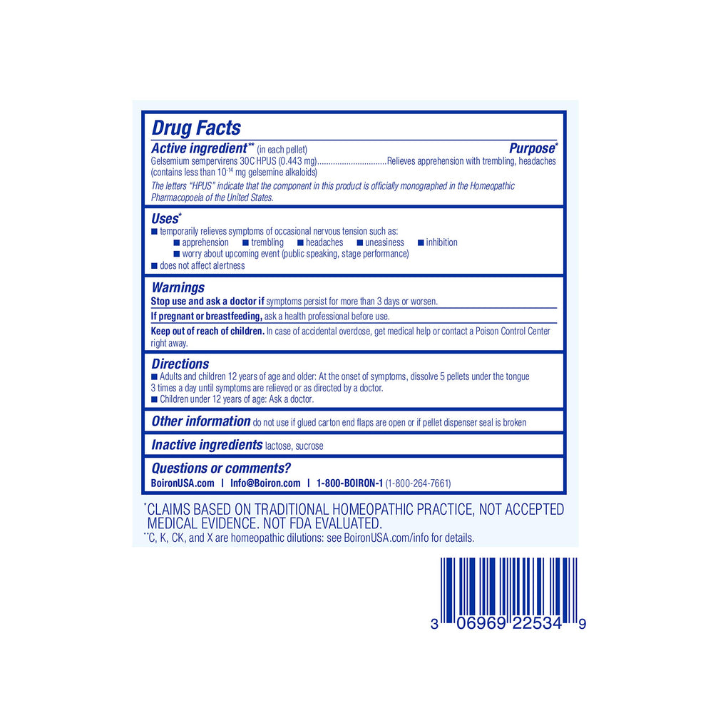 Boiron Gelsemium 30C stage-fright pellets for calmer performance