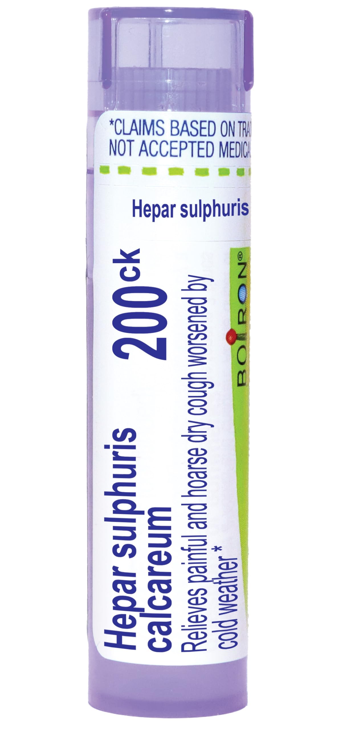 Boiron Hepar Sulphuris Calcareum pellets bottle for quick, convenient cough relief on the go.